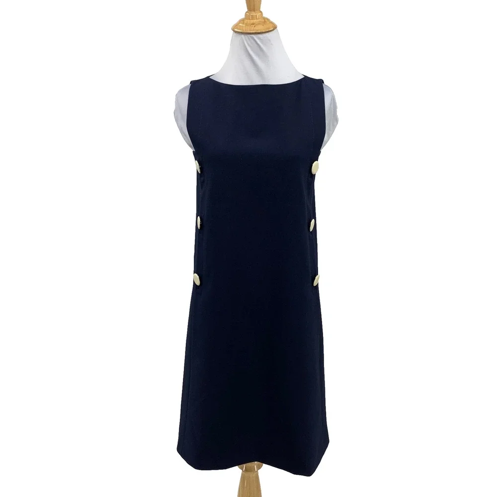 Tory Burch Dress Women 0 Navy Suiting Double Lined Side Buttons Sleeveless Shift